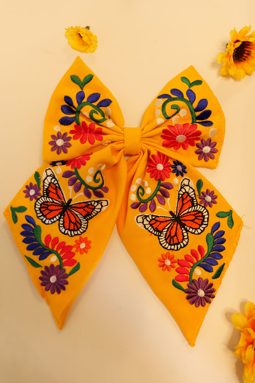Embroidered bow | Yellow with butterflies