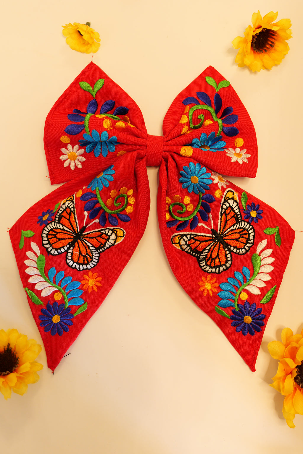 Embroidered bow | Red with butterflies