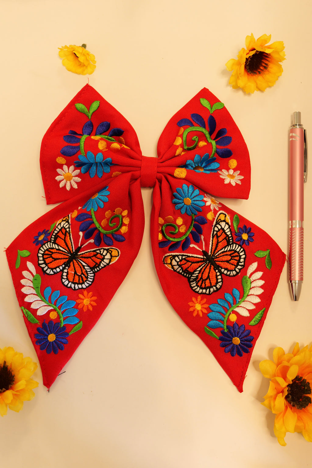 Embroidered bow | Red with butterflies
