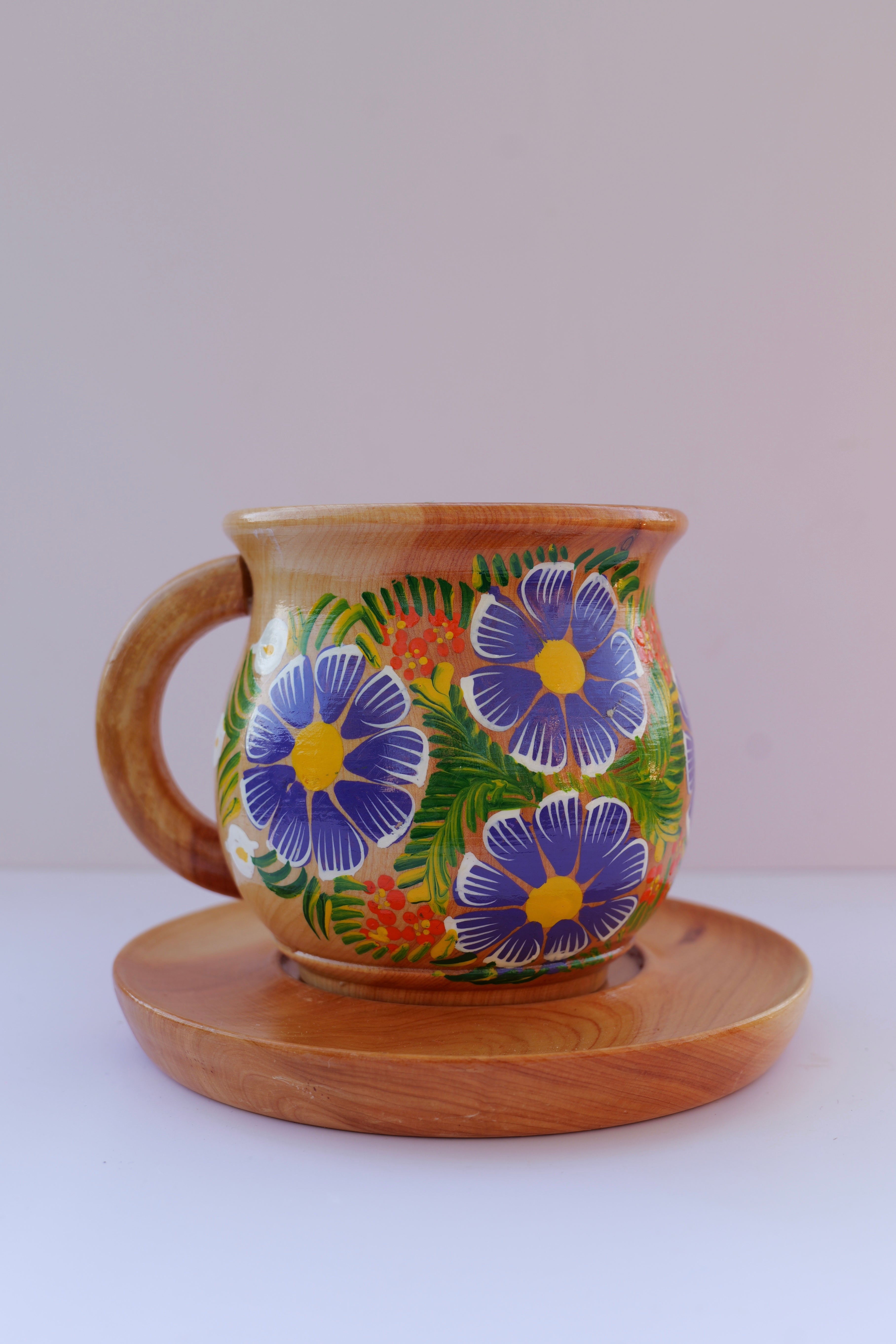 Tea cup with saucer | 4 purple flowers hand painted