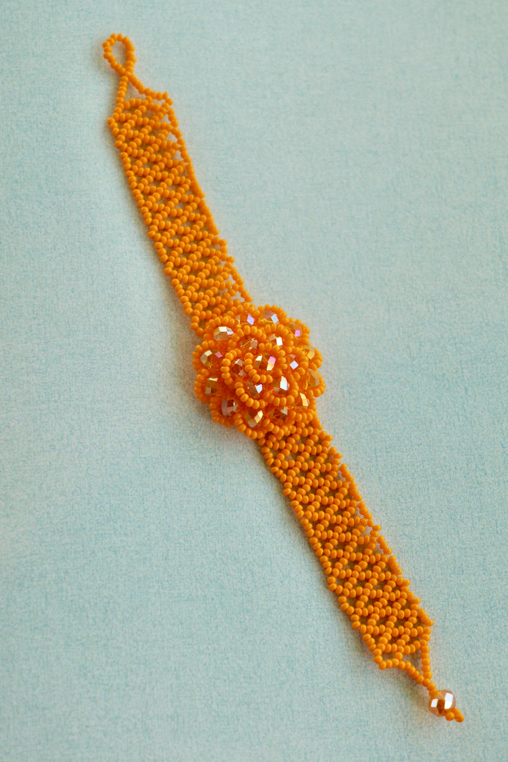 Orange Floral Glass Seed Bead Bracelet