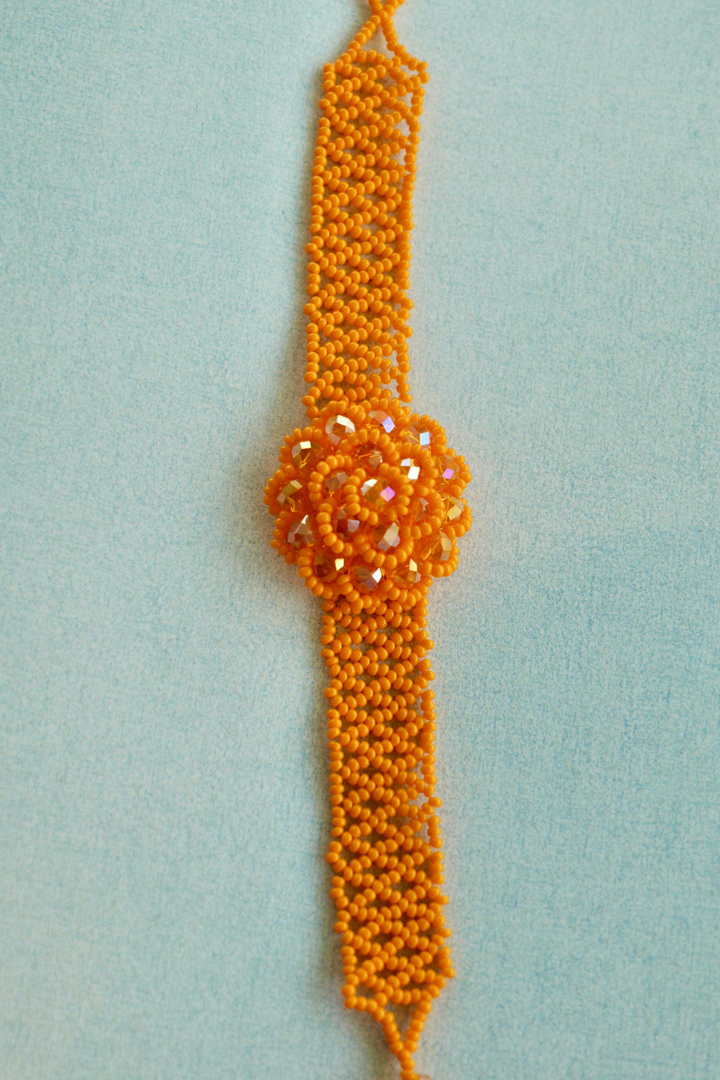 Orange Floral Glass Seed Bead Bracelet