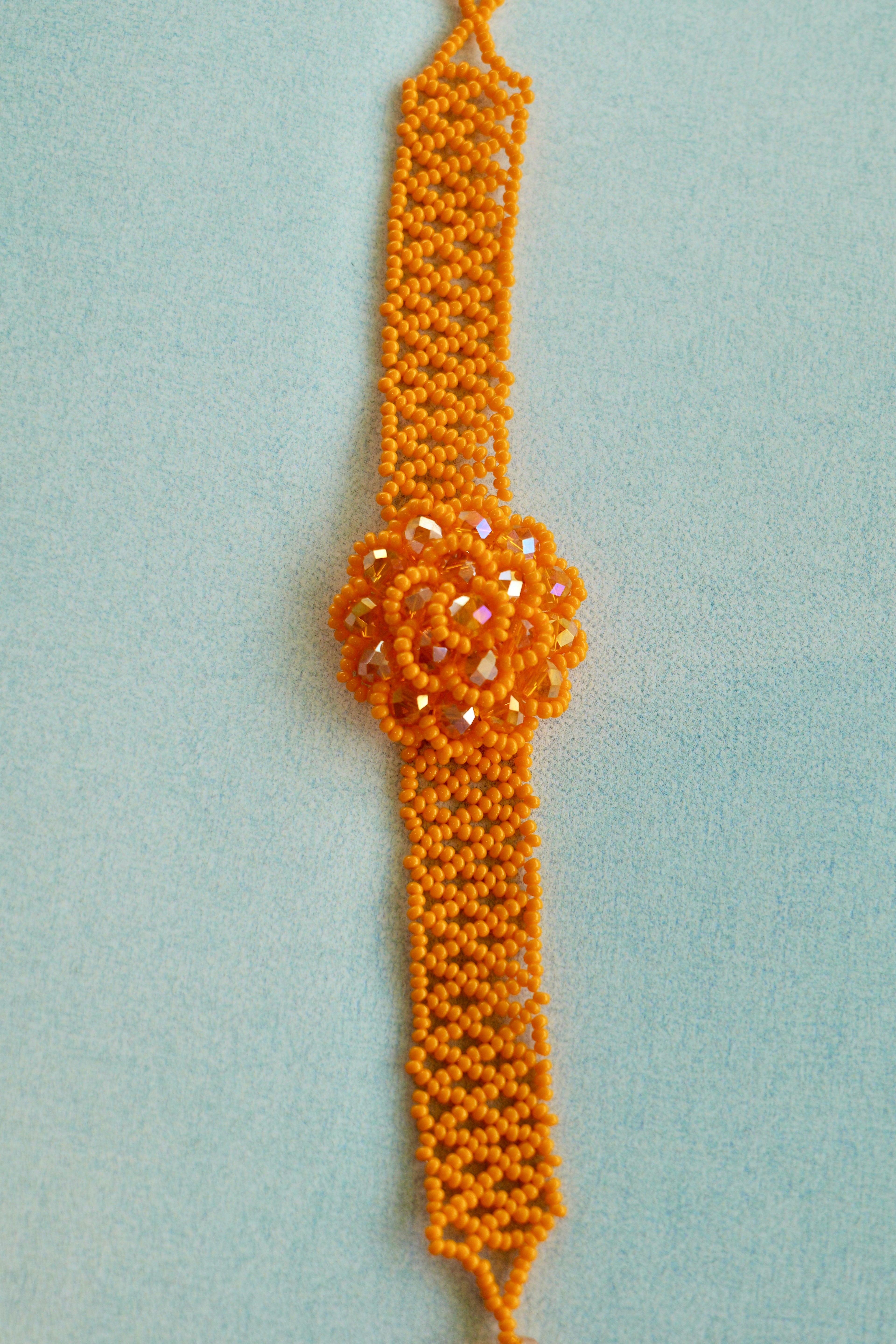 Orange Floral Glass Seed Bead Bracelet