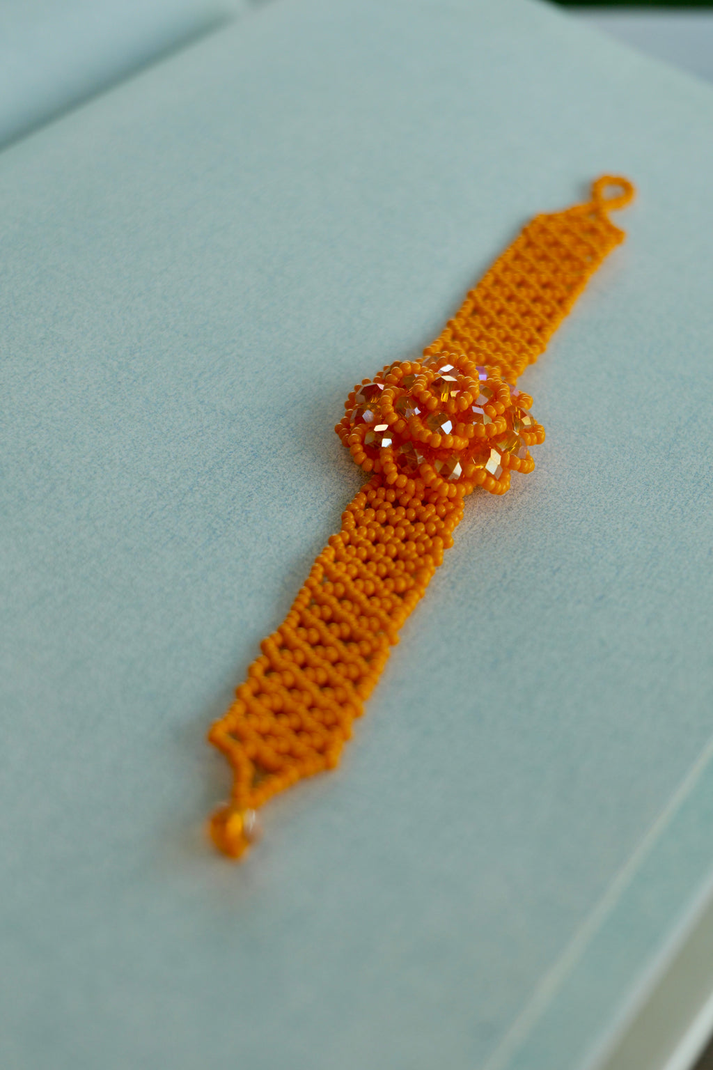 Orange Floral Glass Seed Bead Bracelet
