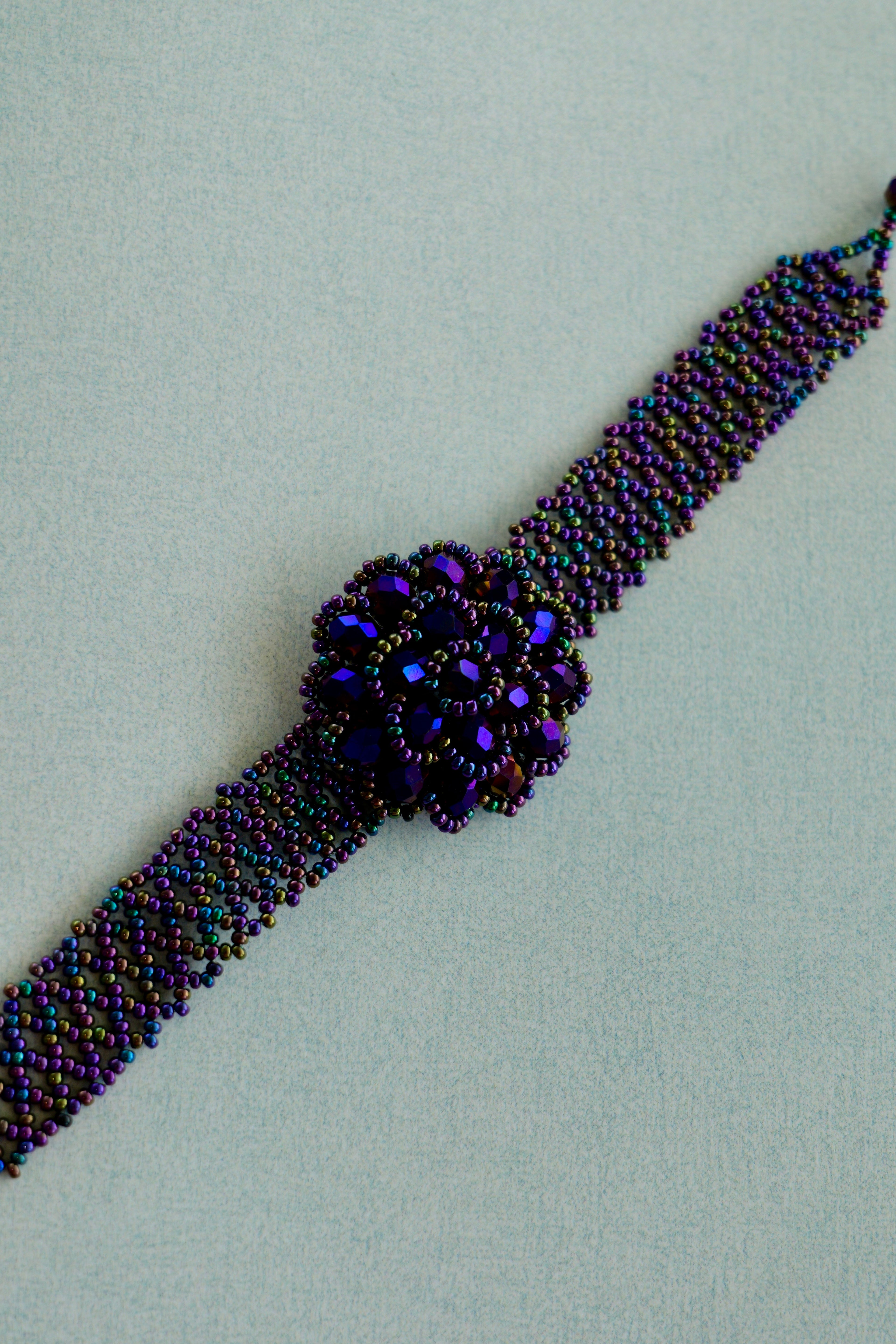 Metallic Purple Floral Glass Seed Bead Bracelet