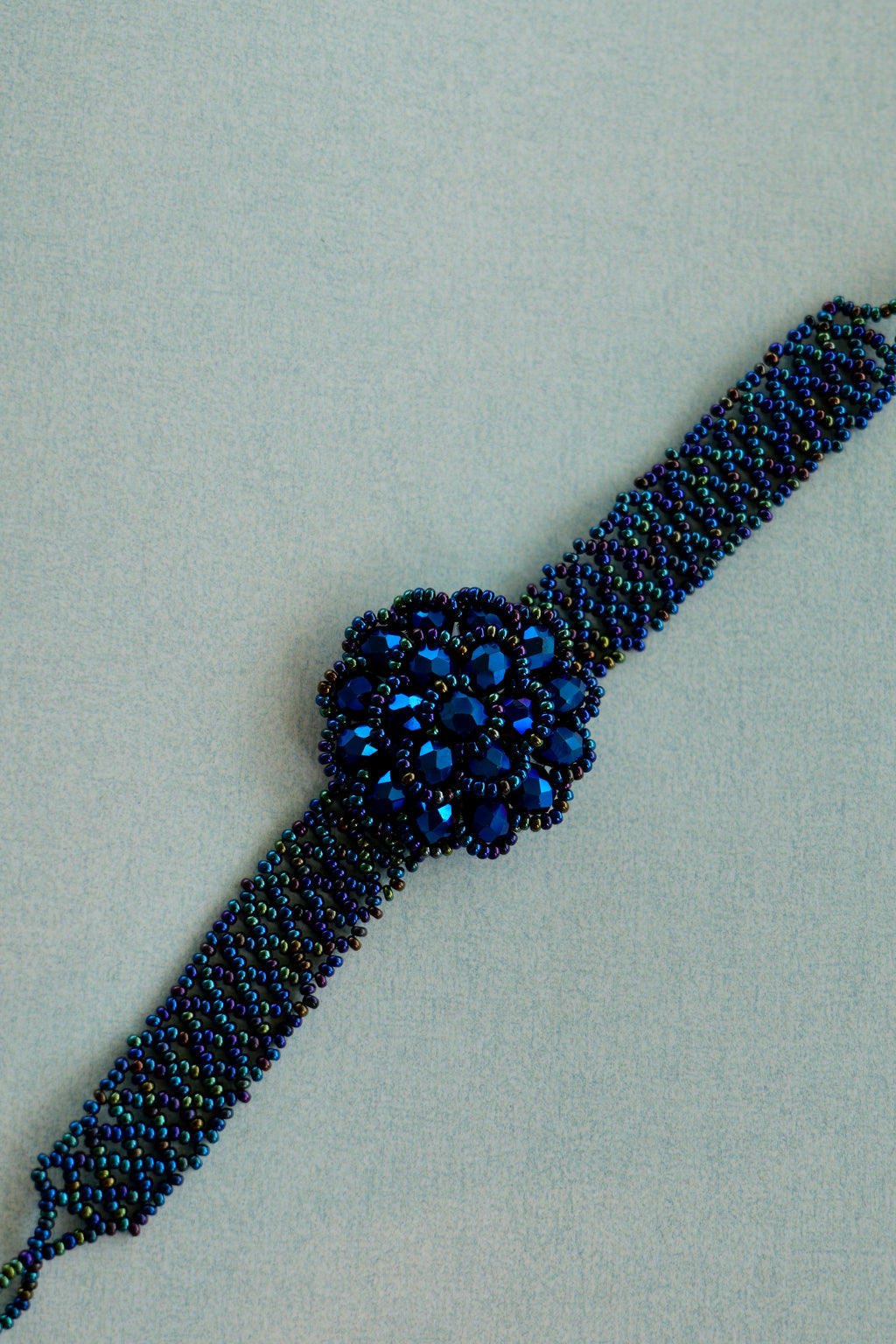 Metallic Blue Floral Glass Seed Bead Bracelet