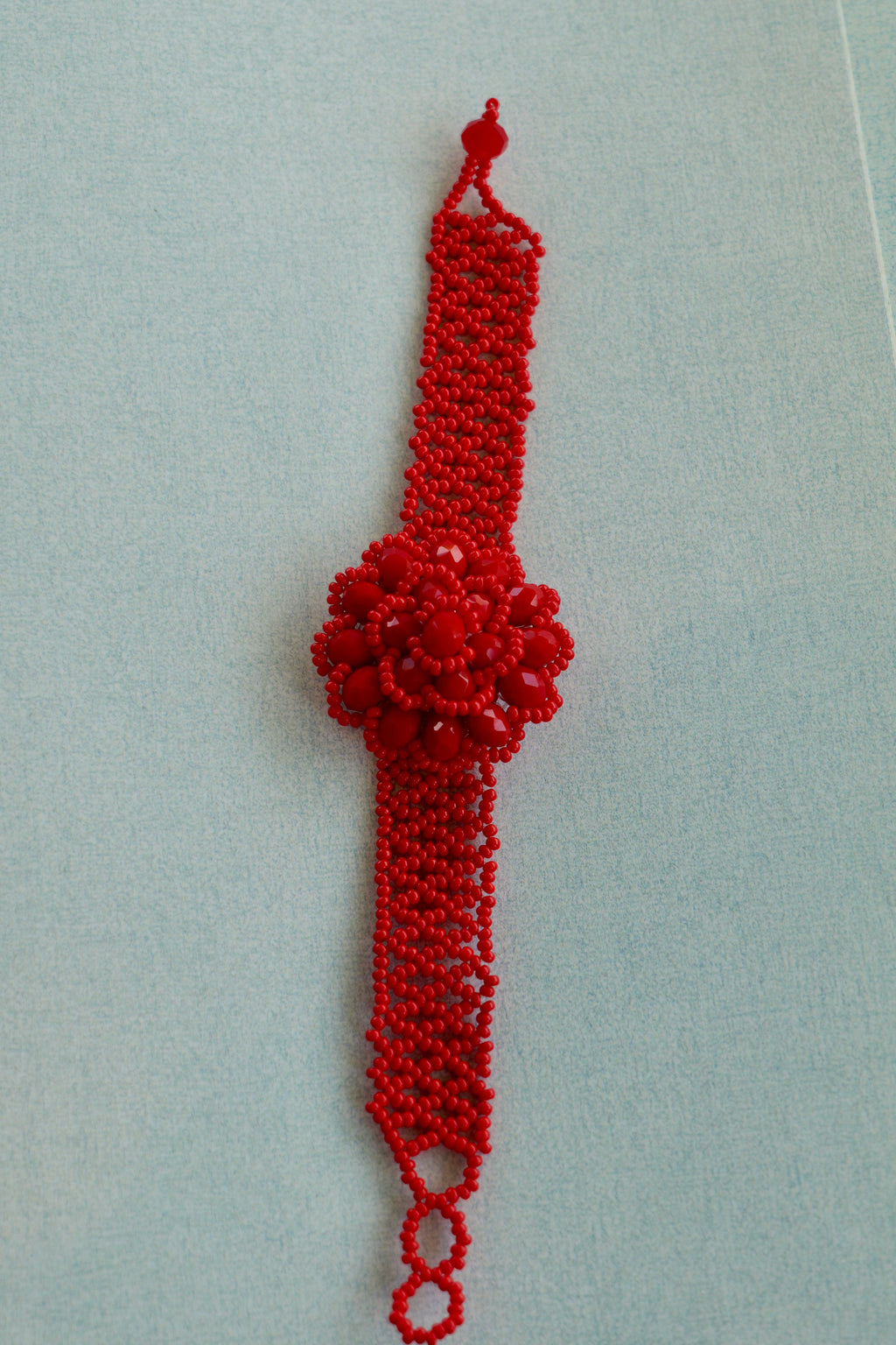 Red Floral Glass Seed Bead Bracelet