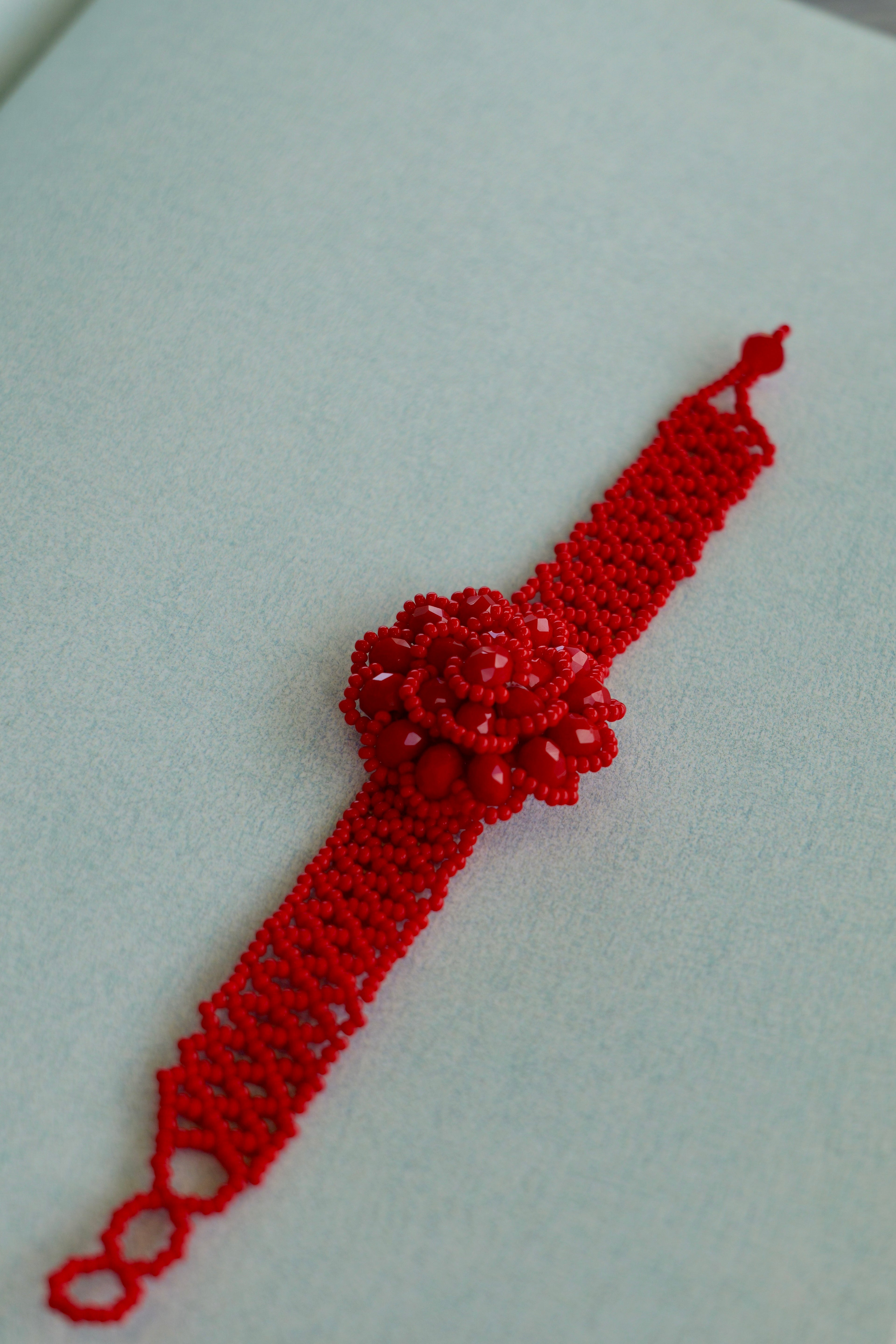 Red Floral Glass Seed Bead Bracelet