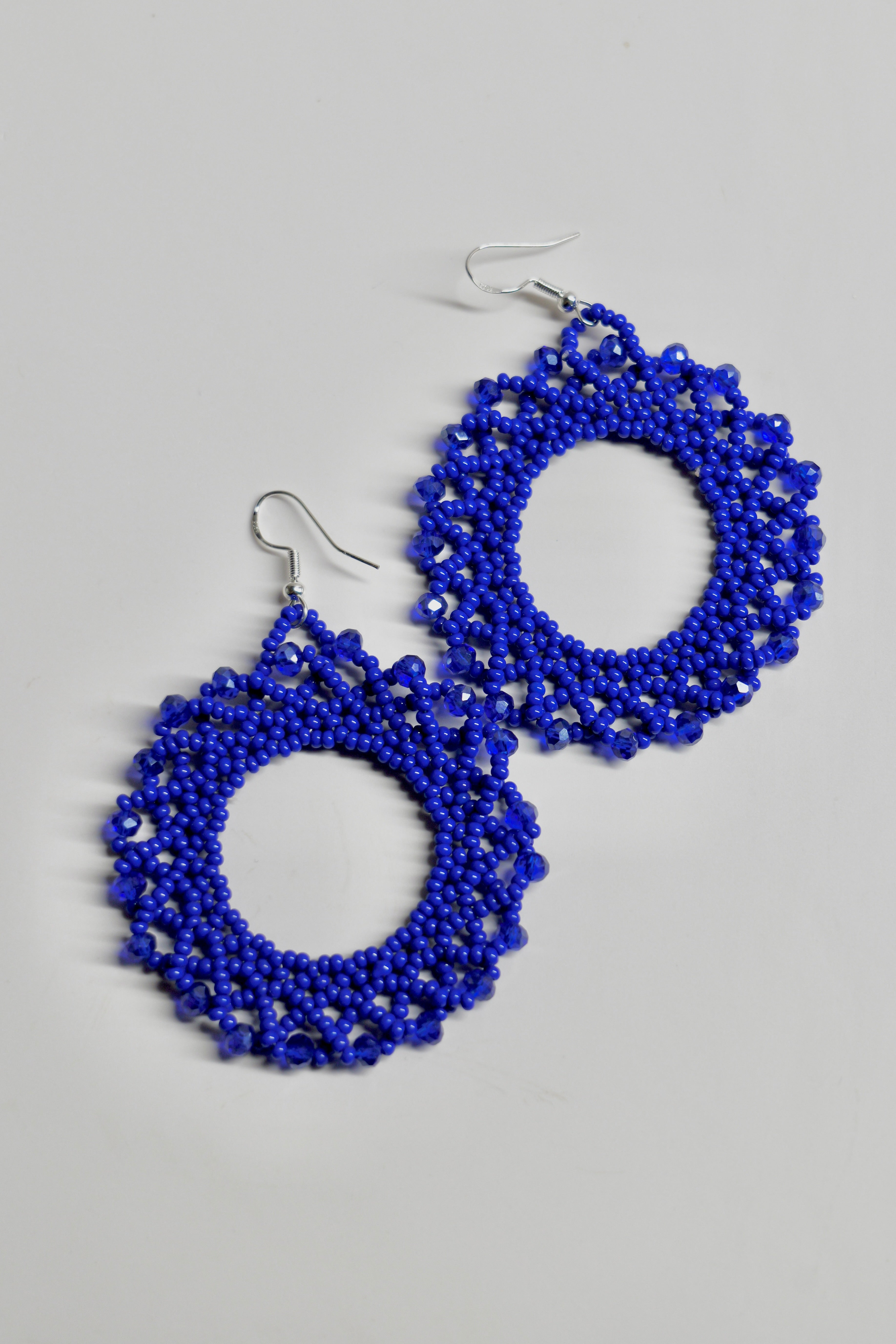 Hand Beaded Cobalt Blue Hoop Earrings | Sterling Silver Hooks