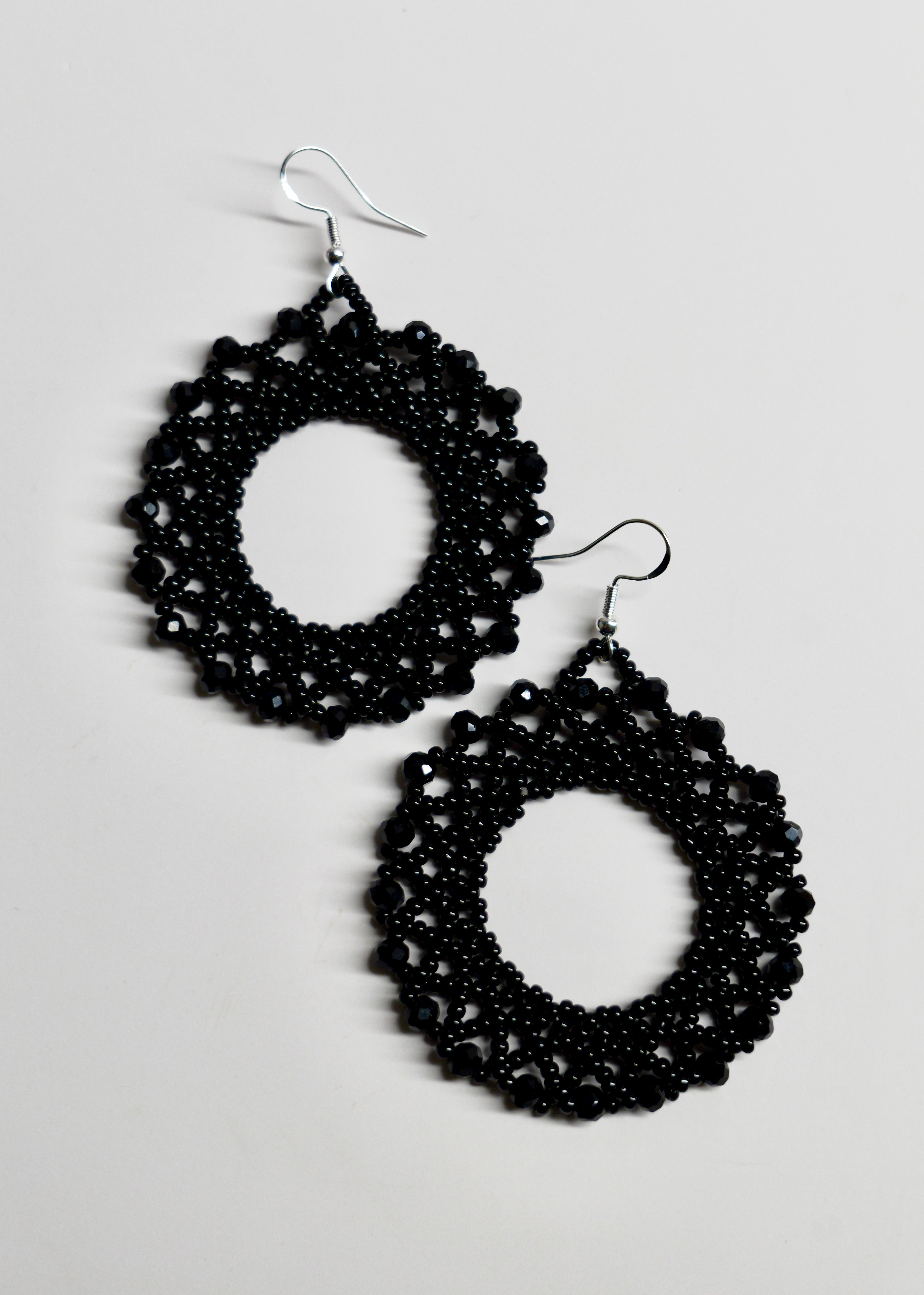 Hand Beaded Black Hoop Earrings | Sterling Silver Hooks