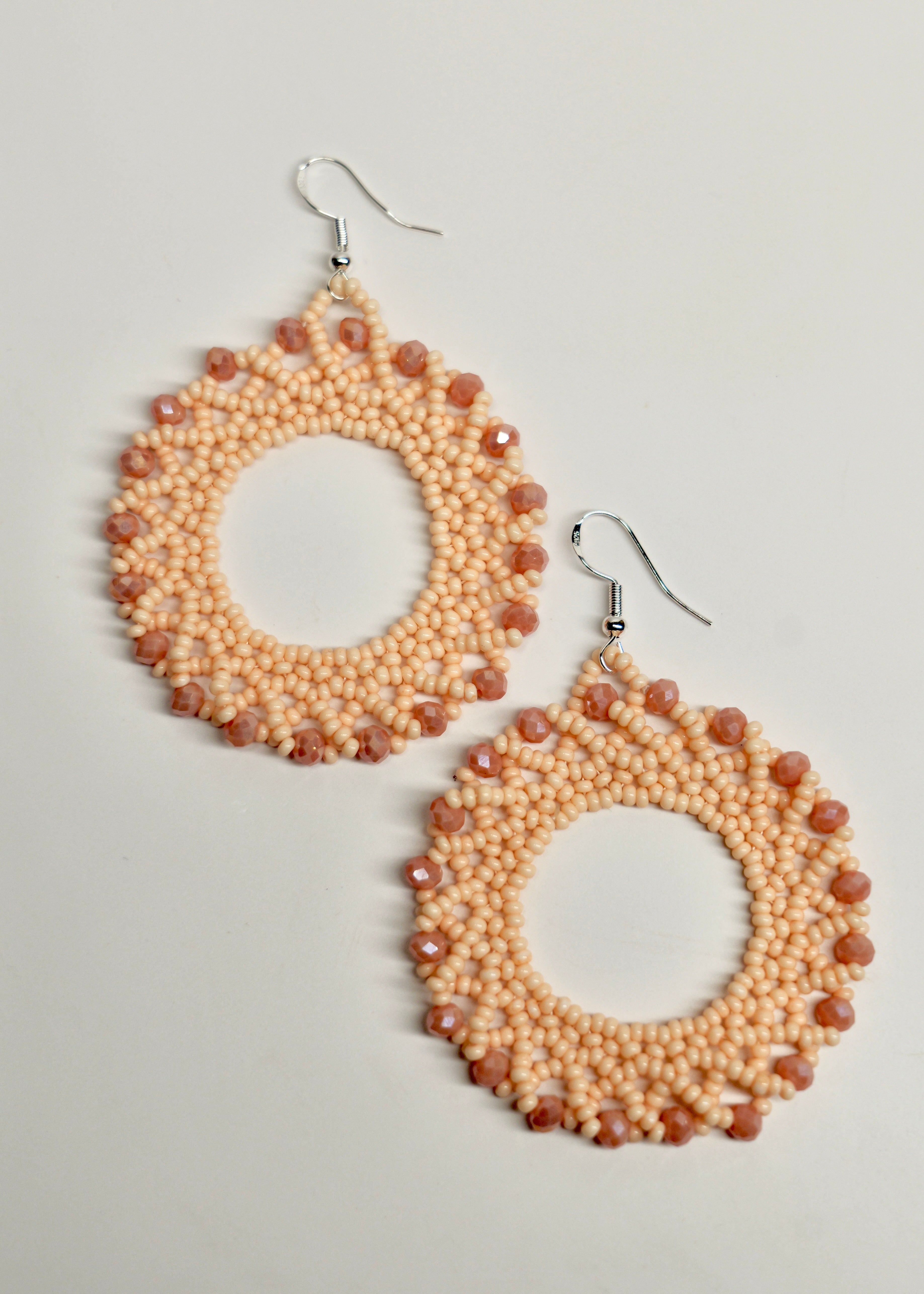 Hand Beaded Beige Hoop Earrings | Sterling Silver Hooks