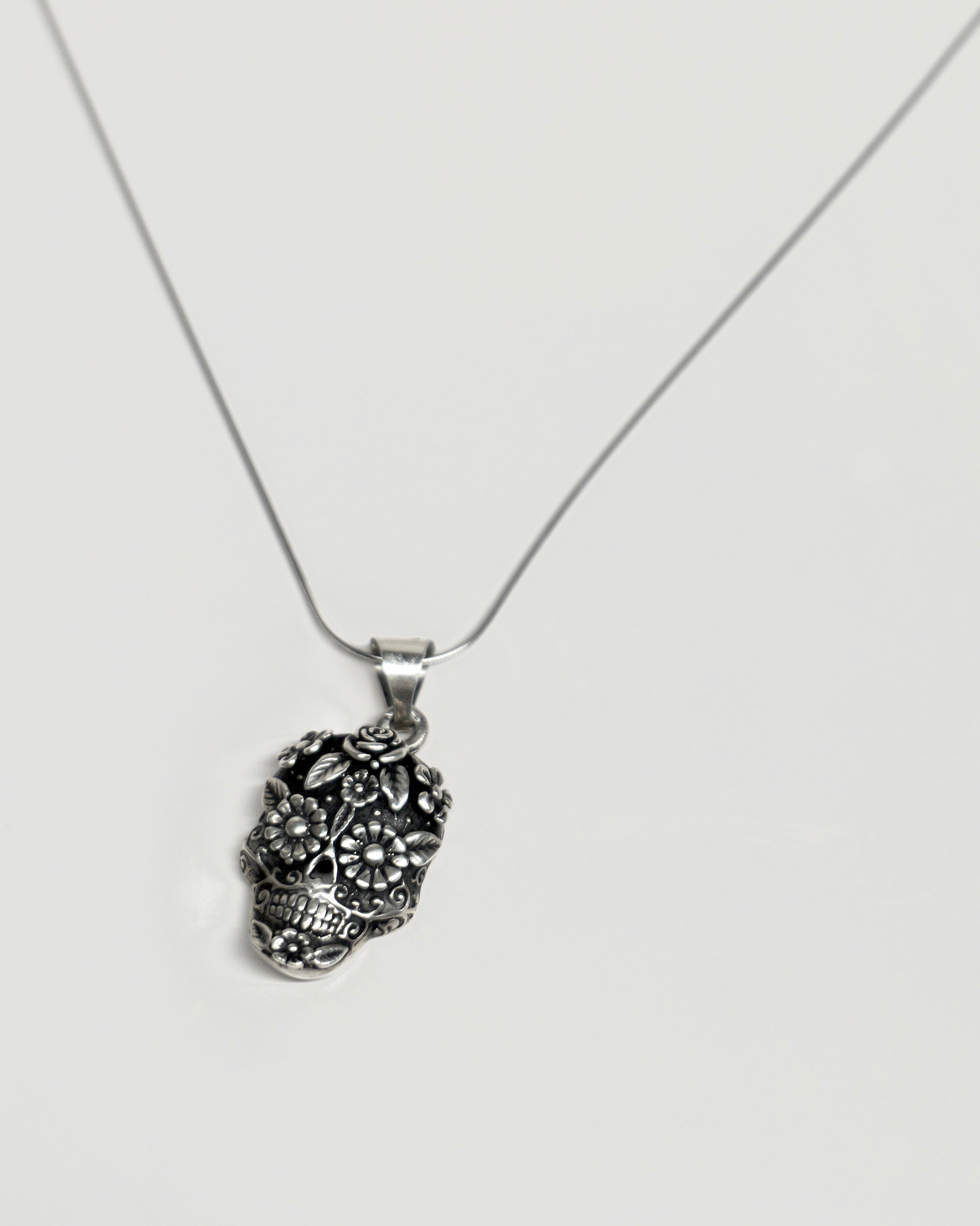 Sterling Silver Handcrafted Sugar Skull Pendant Necklace | .925 Silver with 18" Cable Chain
